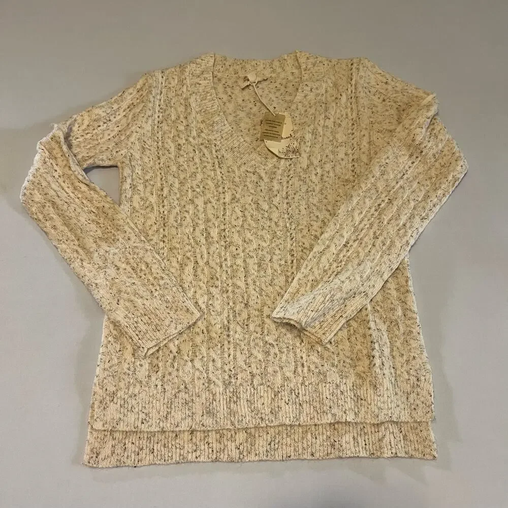 Hem & thread ivory marled knit v-neck cable knit sweater S